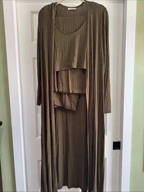 Olive Ribbed Maxi Dress with Matching Long Cardigan